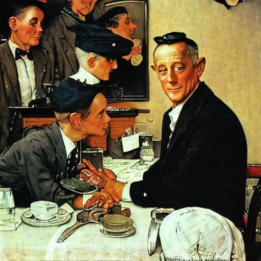 Image similar to benny gantz waiting tables, by norman rockwell