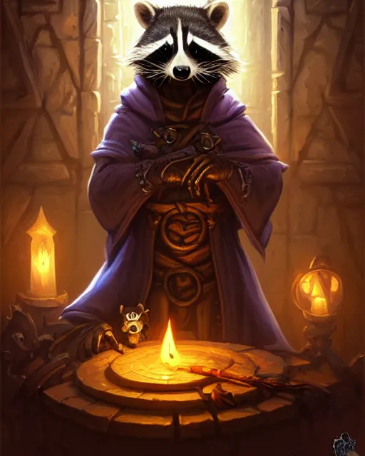 Image similar to anthropomorphic hooded necromancer raccoon casting a spell in a dungeon, deep focus, d & d, fantasy, intricate, elegant, highly detailed, digital painting, artstation, concept art, matte, sharp focus, illustration, hearthstone, art by artgerm and greg rutkowski and alphonse mucha