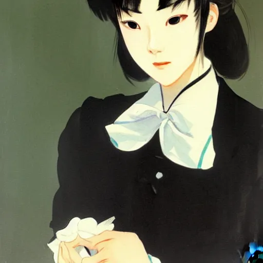 Prompt: painting of grumpy handsome beautiful man in his 2 0 s named min - jun in a french female maid outfit, modern clothing, elegant, clear, painting, stylized, delicate facial features, soft but grumpy, art, art by egon yamamoto