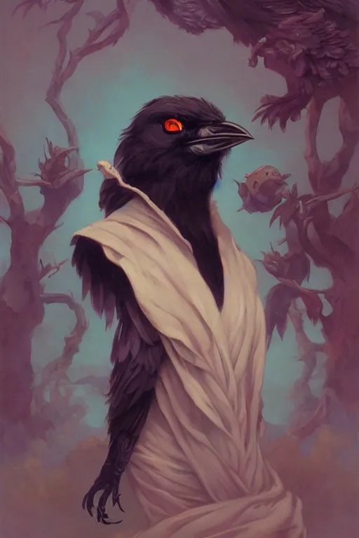 Image similar to Crow fursona by Peter Mohrbacher in the style of Gaston Bussière, Art Nouveau