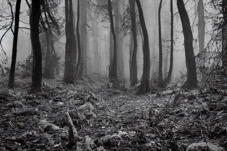Prompt: photo of monsters lurking on the forest, unsettling atmosphere, eerie, bizarre, horror