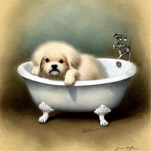 Prompt: ( ( ( ( ( cute dog inside a bathtub. muted colors. ) ) ) ) ) by jean - baptiste monge!!!!!!!!!!!!!!!!!!!!!!!!!!!