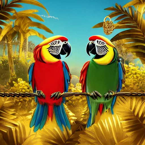 Image similar to parrots dressed in golden rings, necklaces and with caps on head, rapping and sitting on golden trees, rap scene, jungle concept art, trending on artstation, highly detailed, digital art, 8 k