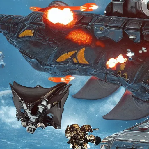 Prompt: 4 SPACE marines shooting a flying manta ray on a decapitated gothic spaceship hyperrealistic