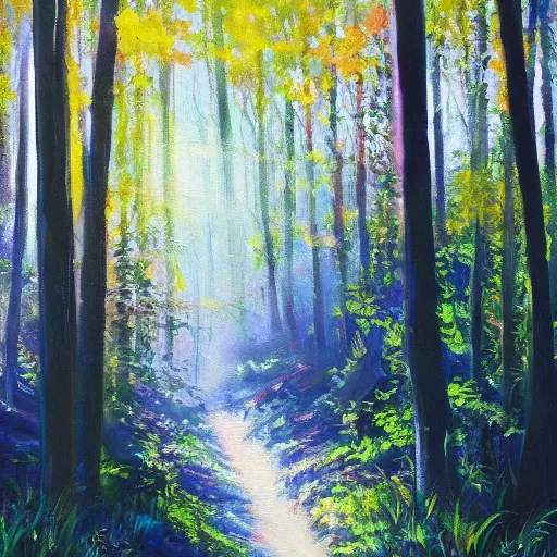 Prompt: a painting of lush forest in the sunlight, acrylic painting, very detailed, mellow, 4 k, trending on artstation