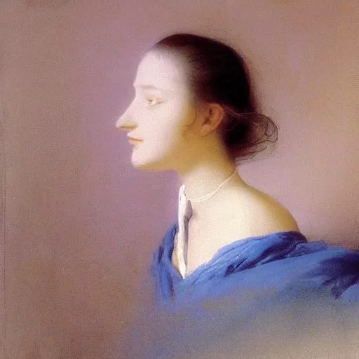 Image similar to a young woman’s face, her hair is white, she wears a long flowing blue satin veil, by ivan aivazovsky and pieter claesz and paul delaroche and alma tadema and august malmstrom and and willen claesz heda and aelbert cuyp and gerard ter borch, hyperrealistic, volumetric light, panavision super speed lens, rendered in octane, c4d