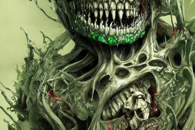 Image similar to Haunting horrifying detailed painting of a man fusing with a skeleton and fleshy growths on his face, sharp teeth protruding, and green eyes of emerald, hyper detailed, award winning artwork, cgsociety, trending on Artstation