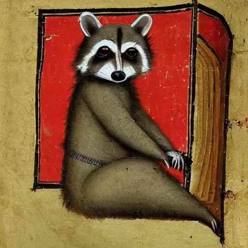 Prompt: Medieval painting of a raccoon in trash. Highly realistic. Highly detailed. High resolution. 4k. 8k