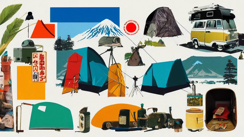 Prompt: an arrangement of camping traveller props, japan, a collage painting, in the style of wes anderson, lola dupre, david hockney, isolated on negative white space background dark monochrome neon spraypaint accents volumetric octane render