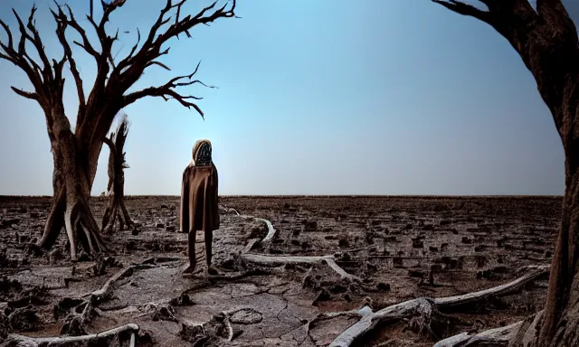 Image similar to medium shot of a nondescript crying ancient dried up Danu, peaceful, facing the camera and standing in front of a dried up river in a desolate land, dead trees, blue sky, hot and sunny, highly-detailed, elegant, dramatic lighting, artstation, 4k, cinematic landscape, photograph by Elisabeth Gadd, Zdzislaw Beksinski