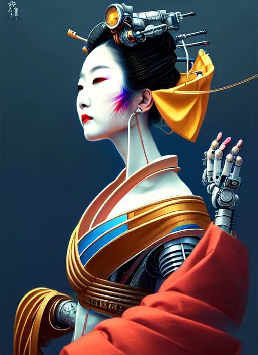 Image similar to beautiful japanese geisha wearing vr eyepiece, robotic, android, cyborg, cyberpunk face, steampunk, fantasy, intricate, elegant, highly detailed, colorful, vivid color, digital painting, cool warm volumetric lighting, artstation, concept art, art by artgerm and greg rutkowski and ruan jia,