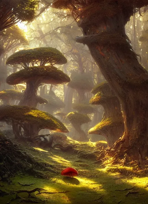 Prompt: a fungal forest with massive fungi, extremely detailed oil painting, unreal 5 render, rhads, sargent and leyendecker, savrasov levitan polenov, bruce pennington, studio ghibli, tim hildebrandt, digital art, landscape painting, octane render, beautiful composition, trending on artstation, award winning photograph, masterpiece