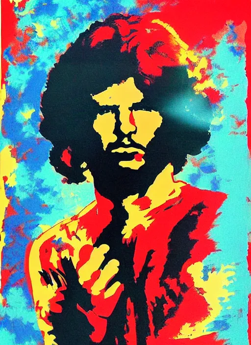 Prompt: Jim Morrison Poster, 1970's, Poster, screen print, Cream paper, black, red and cyan ink, pintrest.com