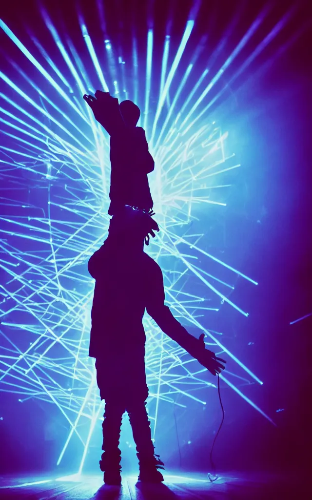 Image similar to rapper performing with microphone, epic pose, medium close-up, silhouetted, distinct figure, psychedelic hip-hop, laser light show, fog, beams of light