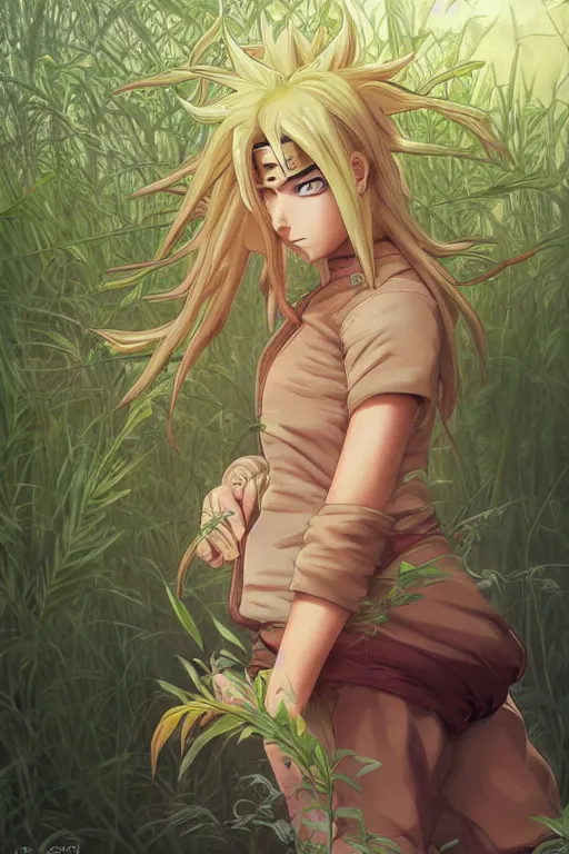 Image similar to Naruto, wavy hairstyle, highly detailed, in a magical lush field of overgrown plants, digital painting, artstation, concept art, smooth, sharp focus, illustration, cinematic lighting, art by artgerm and greg rutkowski and alphonse mucha