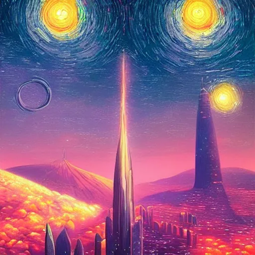 Prompt: starry night sky futuristic city of light synthwave bright neon colors highly details cinematic, vladimir kush, philippe dru, roger deal, michael whelan,