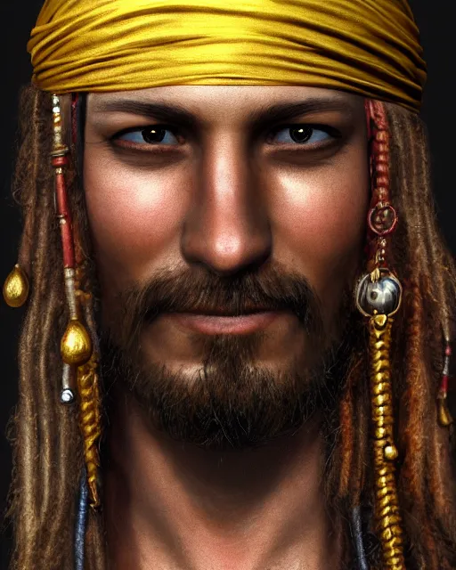 Prompt: realistic portrait of a pirate, dark, gold ornaments, facing camera, photo realistic, detailed, 1 4 5 0, delicate, hyper realism, ultra realistic, 8 k