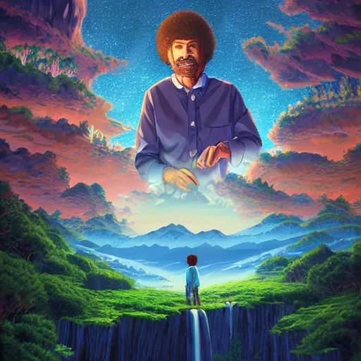 Image similar to the second coming of mister rodgers and bob ross and carl sagan, by dan mumford, yusuke murata, makoto shinkai, ross tran, cosmic, heavenly, god rays, intricate detail, cinematic, 8 k, cel shaded, unreal engine, featured on artstation, pixiv