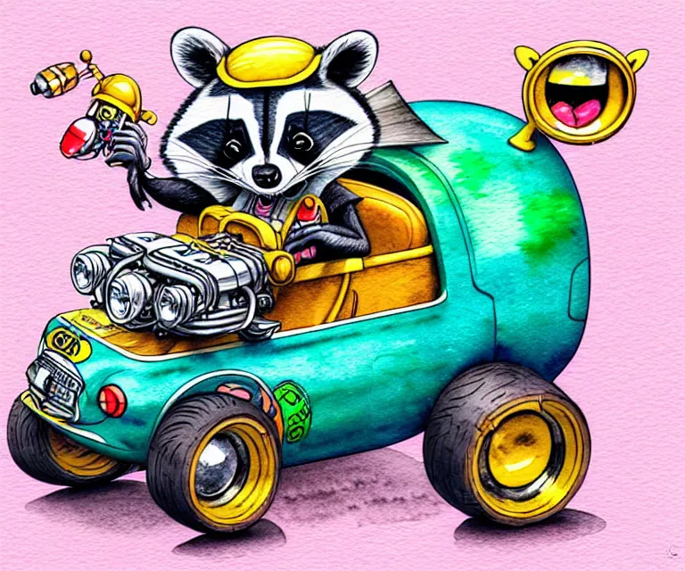 Image similar to cute and funny, racoon wearing a helmet riding in a tiny hot rod with oversized engine, ratfink style by ed roth, centered award winning watercolor pen illustration, isometric illustration by chihiro iwasaki, edited by olga shvartsur, tiny details by artgerm, symmetrically isometrically centered