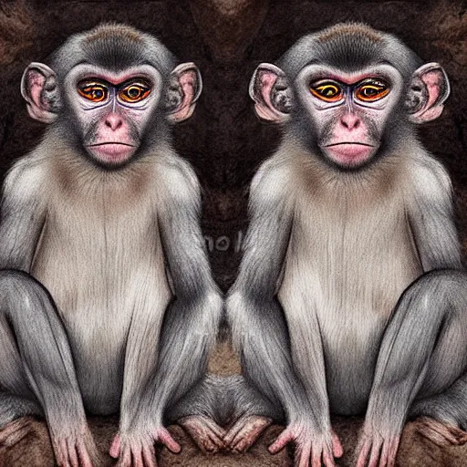 Image similar to two macaques looking at each other inside ancient cave, digital art, soft shadows, creepy art, drawn by shadman