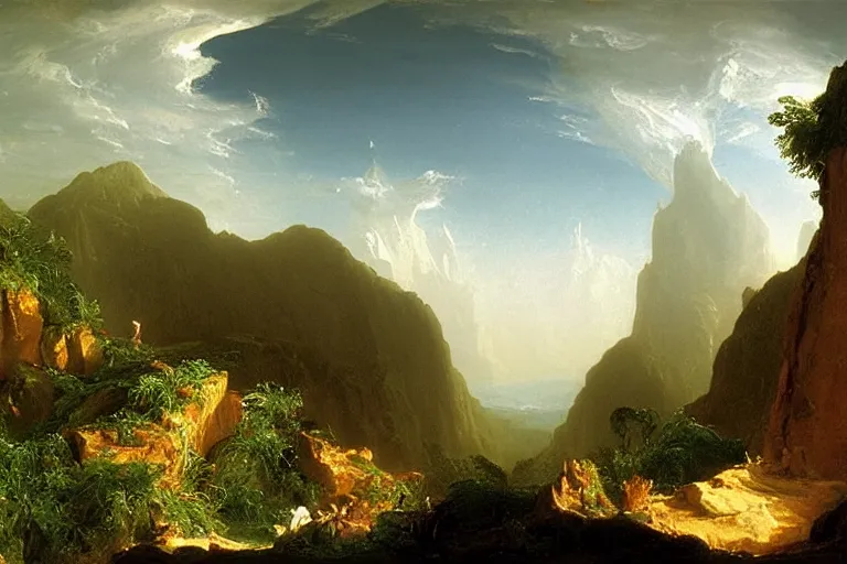 Image similar to there is another world very close to ours that we don't perceive directly, but they do interact sometimes. painting by thomas cole ( 1 8 3 3 )