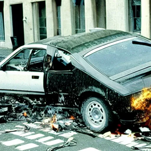 Image similar to film still, explosion of a 1980 car, in American Psycho