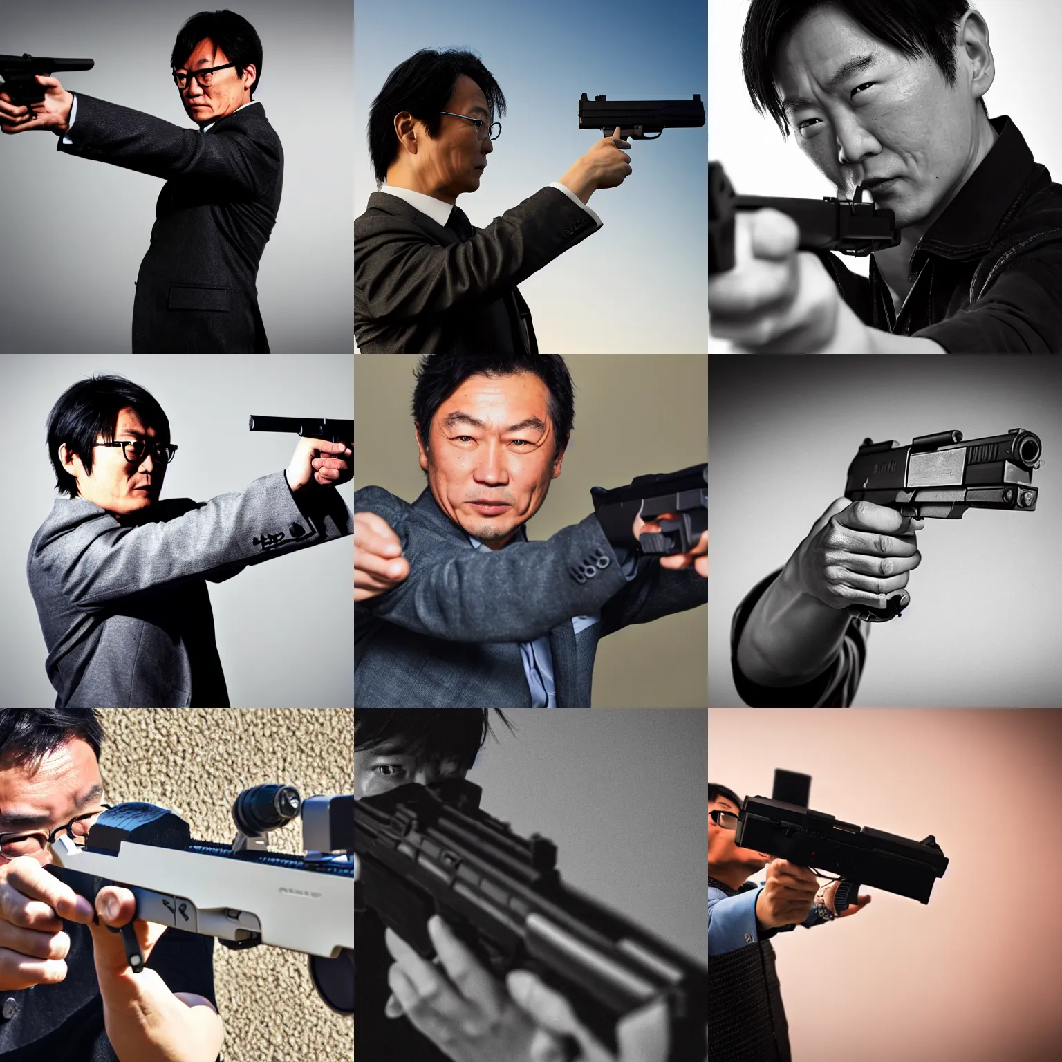 Prompt: naoki yoshida pointing a gun at you, hd, photography