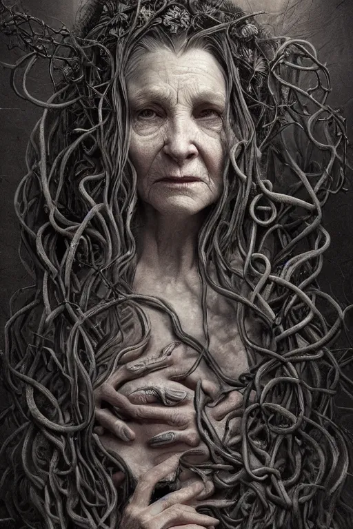 Image similar to realistic portrait beautiful detailed matte painting of cinematic movie scene a crazed old woman with long white hair, tentacles, thorns, vines, horror, created by gustave dore and greg rutkowski, high detailed, smooth draw, synthwave neon retro, intricate, realistic proportions, dramatic lighting, trending on artstation.