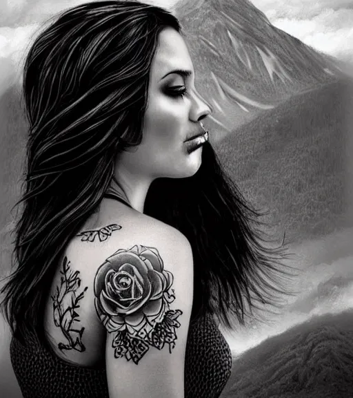 Image similar to tattoo design of beautiful woman portrait against a background of beautiful mountains and nature, in the style of den yakovlev, black and white, hyper realistic, highly detailed