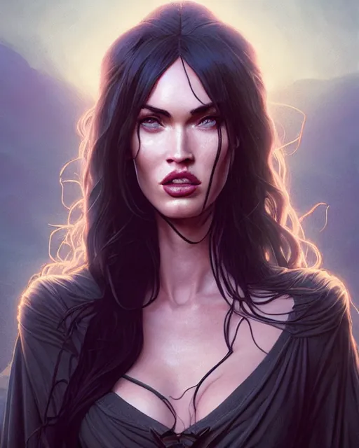 Image similar to highly detailed vfx portrait of megan fox as a witch, stephen bliss, unreal engine, greg rutkowski, loish, rhads, beeple, makoto shinkai and lois van baarle, ilya kuvshinov, rossdraws, tom bagshaw, alphonse mucha, global illumination, detailed and intricate environment