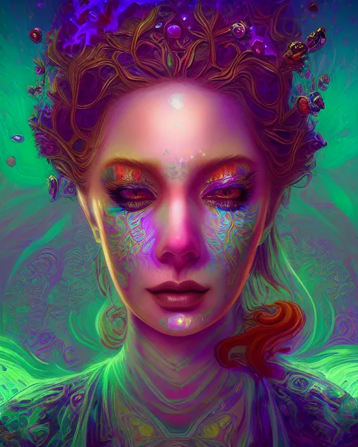 Image similar to lsd, acid trip, intricate fractals, a detailed portrait of a beautiful woman with ( fox ) features, in professional makeup, dramatic lighting, by lois van baarle, ross tran, greg rutkowski, background of ultra detailed colorful repeating fractals psychedelic by moebius, beeple, artstation