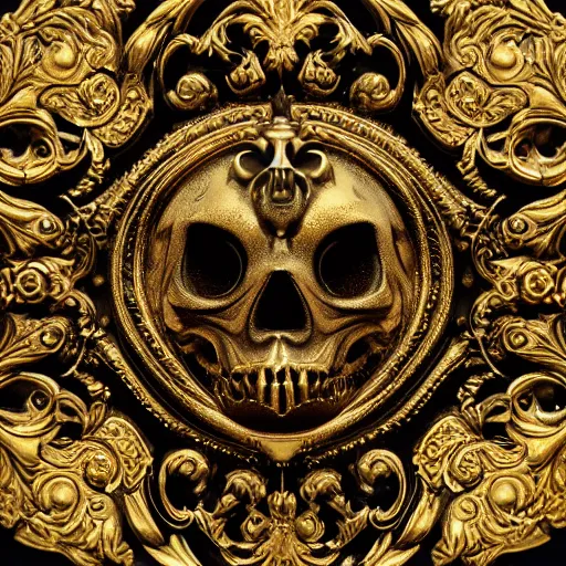 Image similar to 3d golden and black skull engraved with baroque ornaments. trending on artstation. octane render. dark art. gothic art. symmetrical artwork