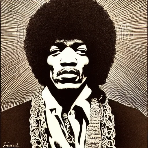 Image similar to artwork by Franklin Booth showing a portrait of Jimi Hendrix