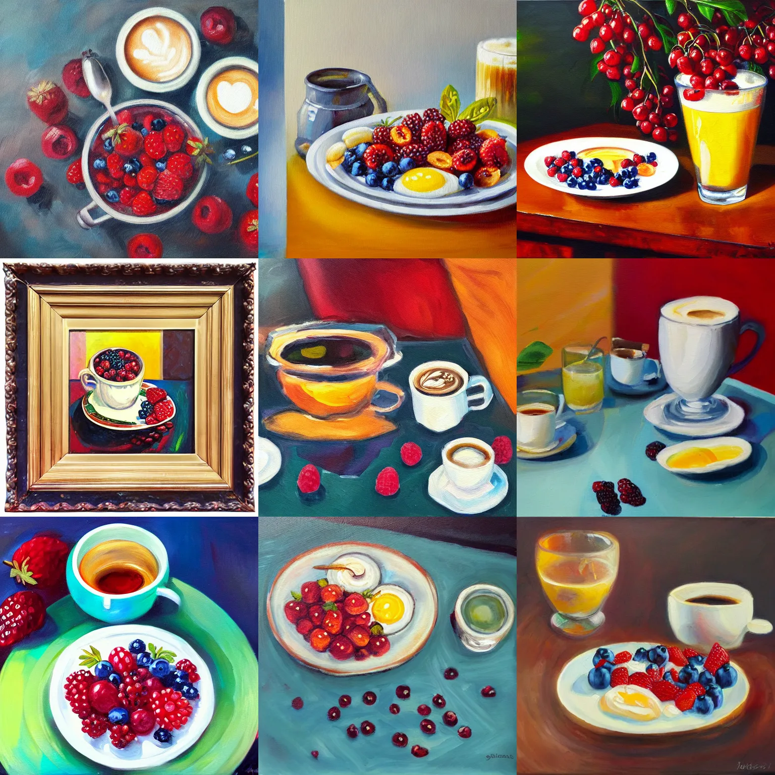 Prompt: oil painting of breakfast with berries and coffee, glassware, thick strokes, vibrant, colorful, reflective