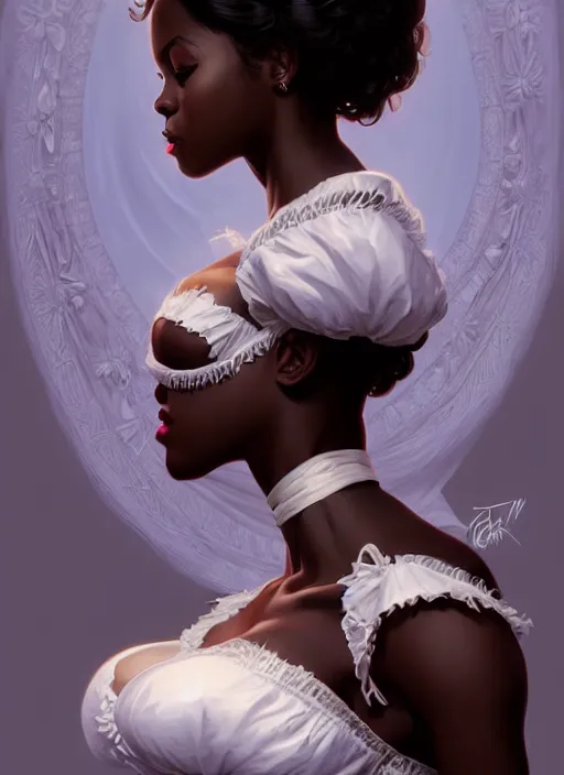 Image similar to cute black woman wearing a white corset dress, fantasy, intricate, highly detailed, digital painting, artstation, concept art, wallpaper, smooth, sharp focus, illustration, art by artgerm and greg rutkowski and alphonse mucha