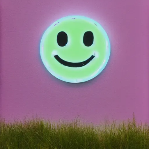 Image similar to a pastel colour Polaroid photo of large smiley face cut out of transparent neon iridescent perspex stood in a field, nostalgic