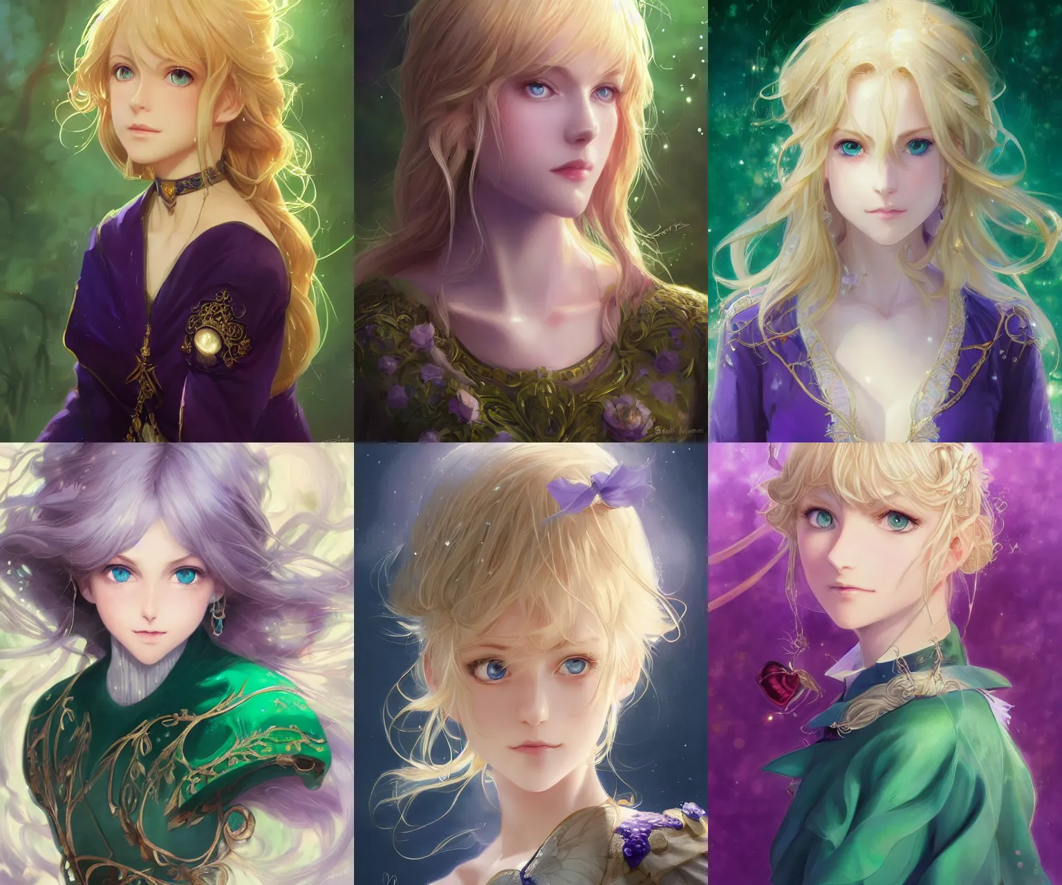 Prompt: portrait of a beautiful cute blonde violet evergarden with big blue eyes and a emerald brooch above her breasts, fantasy, intricate, elegant, highly detailed, digital painting, artstation, concept art, smooth, sharp focus, illustration, art by artgerm and greg rutkowski and rossdraws