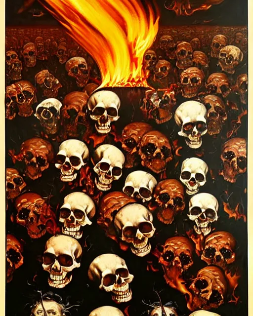 Image similar to oil geometric painting of skull skeletons burning in hell reaching for help by norman rockwell