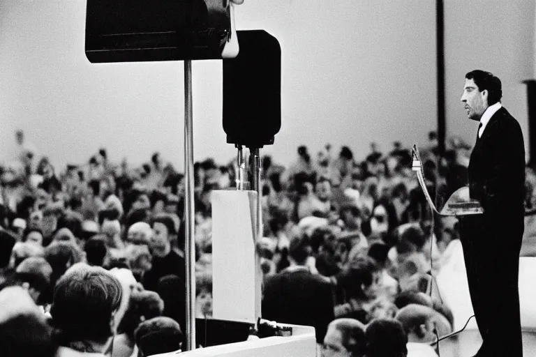 Prompt: jesus christ giving a speech at ted talks, telephoto lens, from far away, nikon f 5 5