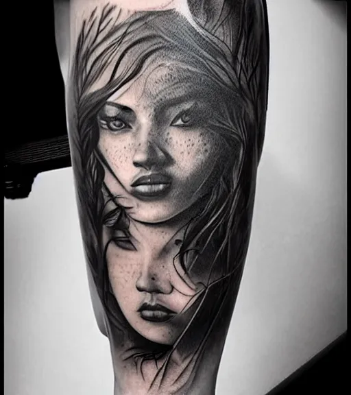 Image similar to amazing fade effect of beautiful mountain scenery with a beautiful woman face, tattoo design sketch, hyper - realistic, in the style of matteo pasqualin, amazing detail, black and white