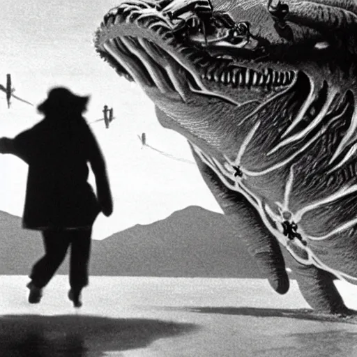 Image similar to a couple escaping from a giant Kaiju Starfish Monster over a traditional Korean village, minimal cinematography by Akira Kurosawa, movie filmstill, film noir, thriller by Kim Jong-il and Shin Sang-ok