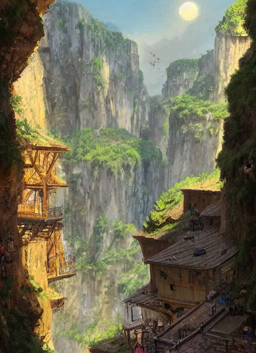 Image similar to medieval city built on terraces in a gigantic canyon, lots of buildings connected by hanging bridges, waterfalls, warm glow coming the ground, lush vegetation, pitchblack sky, extremly detailed digital painting, in the style andreas rocha and greg rutkowski, colors by peter mohrbacger, rim light, beautiful lighting, 8 k, stunning scene, octane, trending on artstation