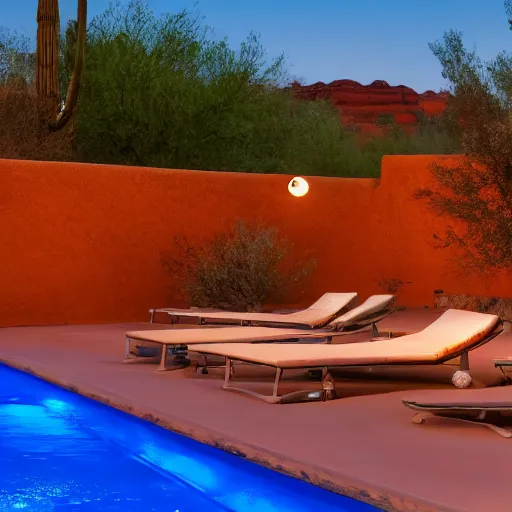 Image similar to full moon over a pool in a courtyard in the Sedona Arizona desert, people lounging, painting in the style of Max Ernst, incredible, 4k