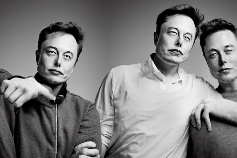 Image similar to A portrait photo of Elon Musk teams up with a teenage Elon Musk, perfect faces, 50 mm, award winning photography