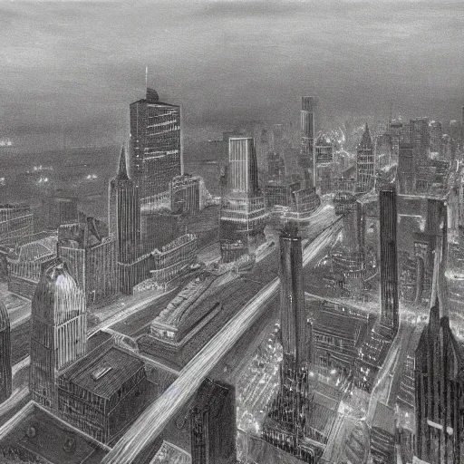 Image similar to photorealistc painting of a nightmarish boston downtown skyline in 1 9 2 5 at night, aerial view, dark, brooding, night, atmospheric, horror, cosmic, ultra - realistic, smooth, highly detailed