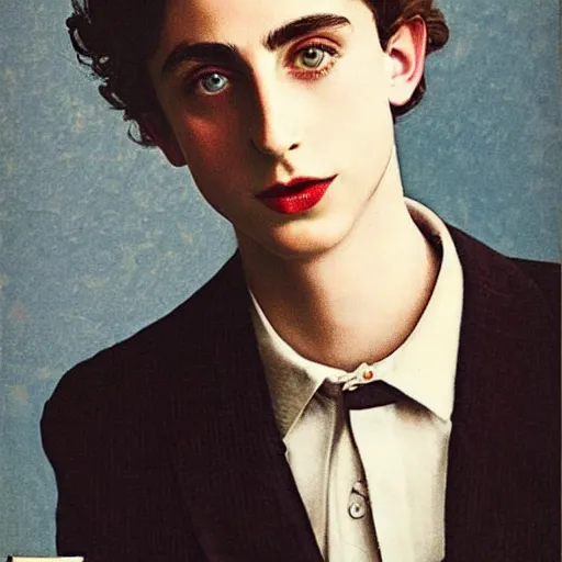 Image similar to “Timothée Chalamet portrait, color vintage magazine illustration 1950”