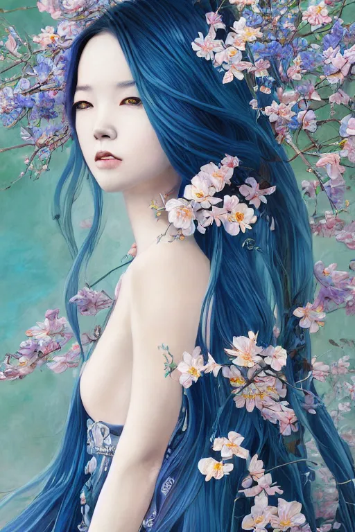 Prompt: breathtaking detailed painting by pilyeon and yuumei art, a full shot queen with long flowing bright blue hair, long dress and pastel flowers petals and golden tumultuous clouds, symmetrical facial features, at dawn in front of a pristine golden art nouveau cathedral, elegant, highly detailed, artstation, concept art, matte, sharp focus,