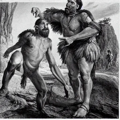 Image similar to historical picture war between homo sapien and neanderthal, authentic detail, with accurate event, hyperrealistic, photorealistic, trending on museum curator