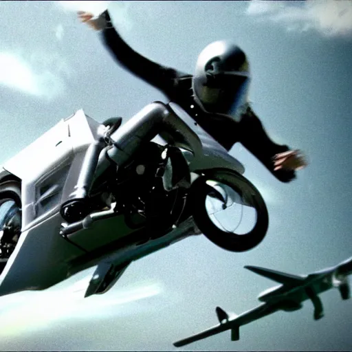 Image similar to jet turbine hoverbike, movie still, speed, cinematic Eastman 5384 film