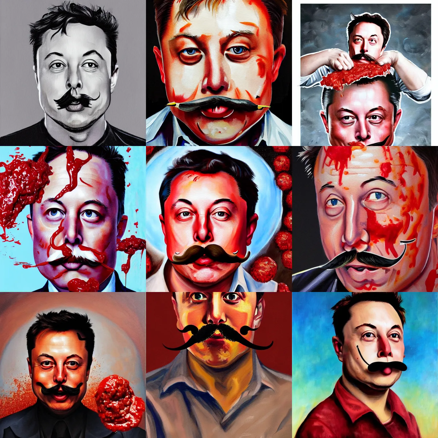 Prompt: a painting of an outraged elon musk with a mustache covered in tomato sauce and meatballs. by michelangelo. trending on artstation